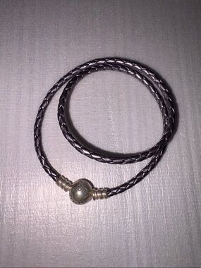 Pandora Braided Leather Wrap Bracelet with Silver Ball Clasp Great Condition